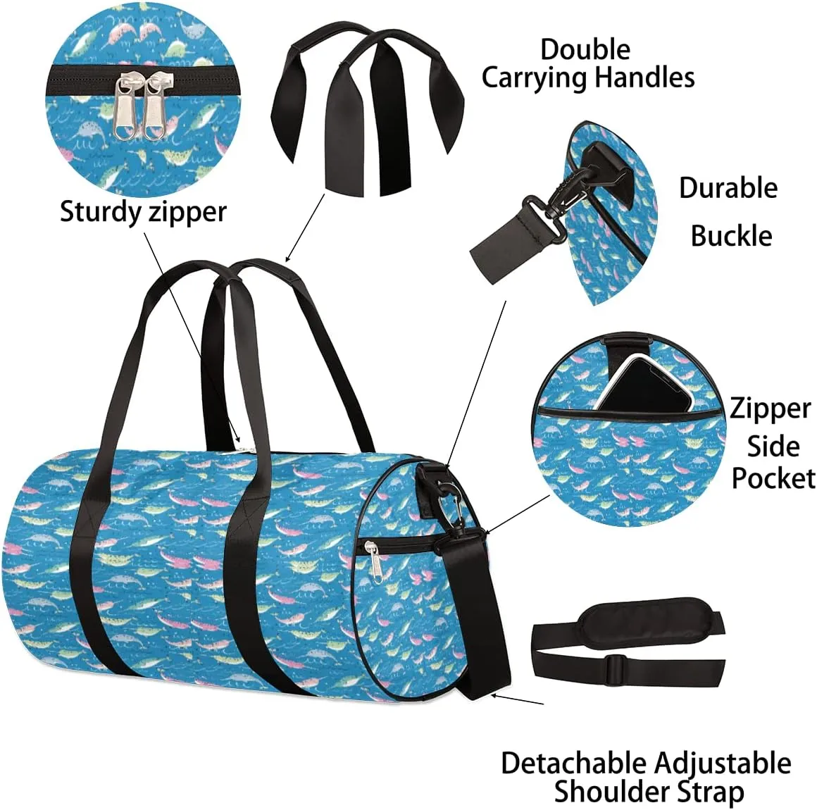 Cute Narwhale Gym Bag Small Gym Duffel Bags for Men Women Colorful Overnight Weekender Bag Lightweight Sport Duffle Bag Carry On Gymbag