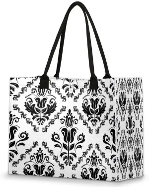 Damask Floral Pattern Tote Bag for Women Large Beach Bag Reusable Grocery Bags Tote Bag for Work Shopping Travel Beach