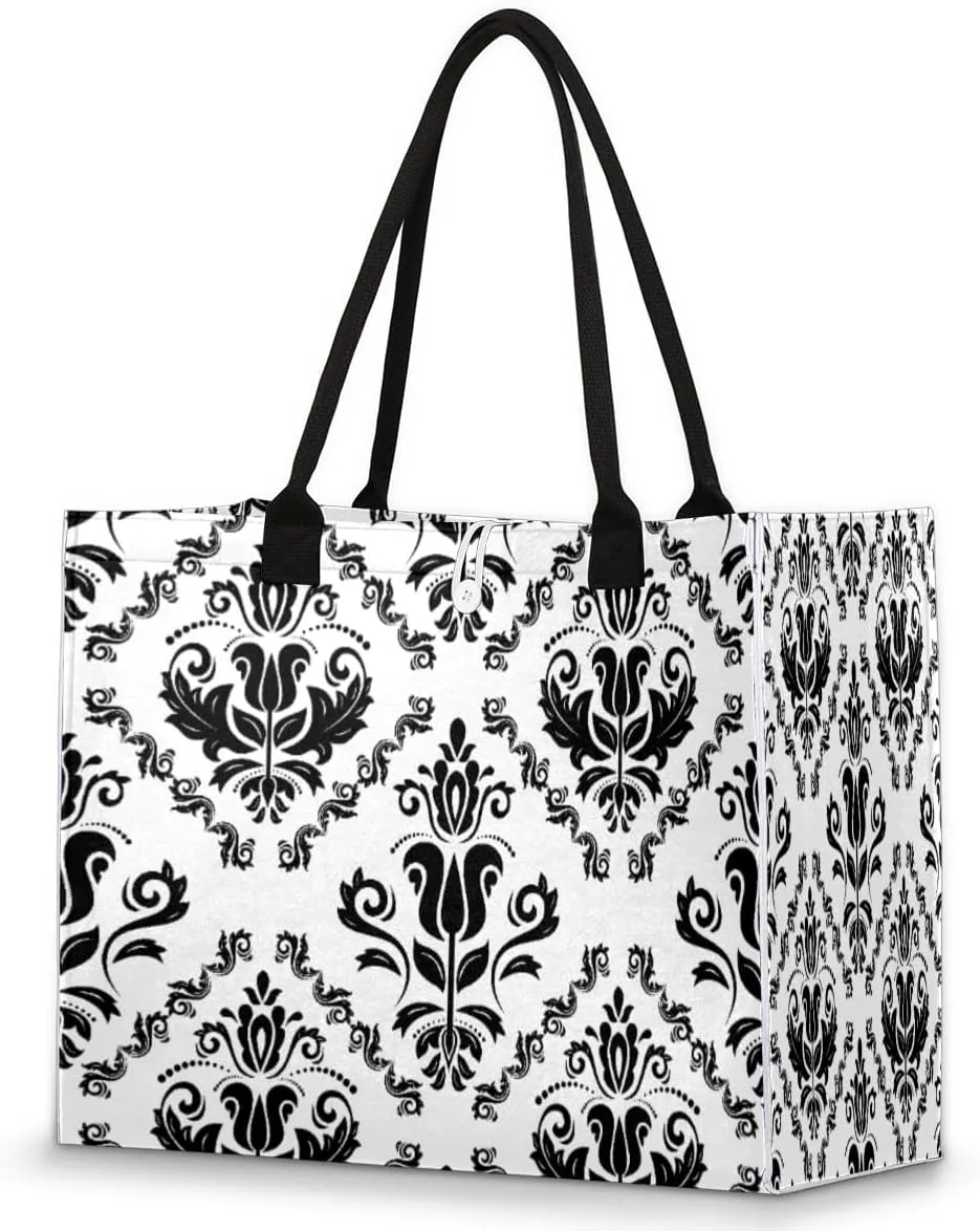 Damask Floral Pattern Tote Bag for Women Large Beach Bag Reusable Grocery Bags Tote Bag for Work Shopping Travel Beach