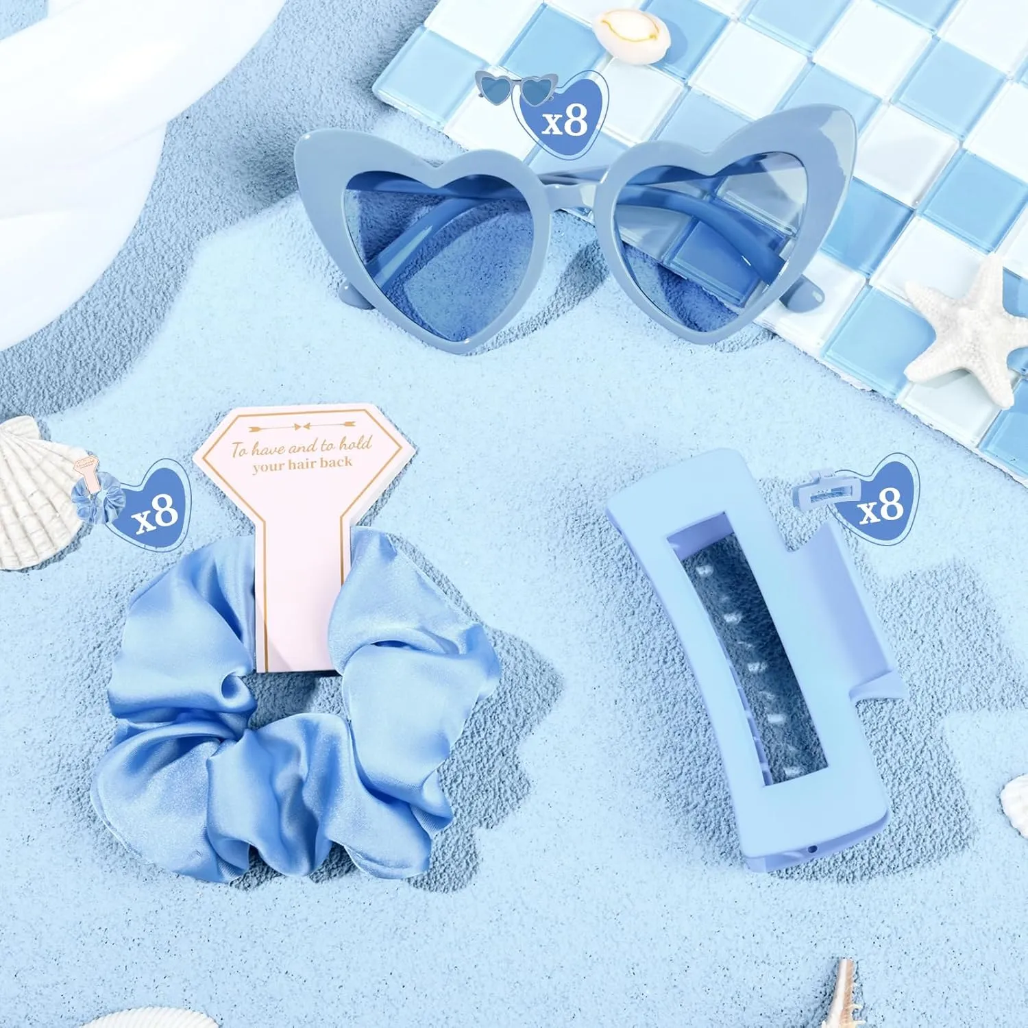 DEEKA 24 Pcs Bachelorette Party Favors Decorations Bridesmaid Proposal Gifts Heart Sunglasses Hair Claw Clips Satin Scrunchies Accessories Set Bridal Party Gifts Wedding Party Gifts (Blue)