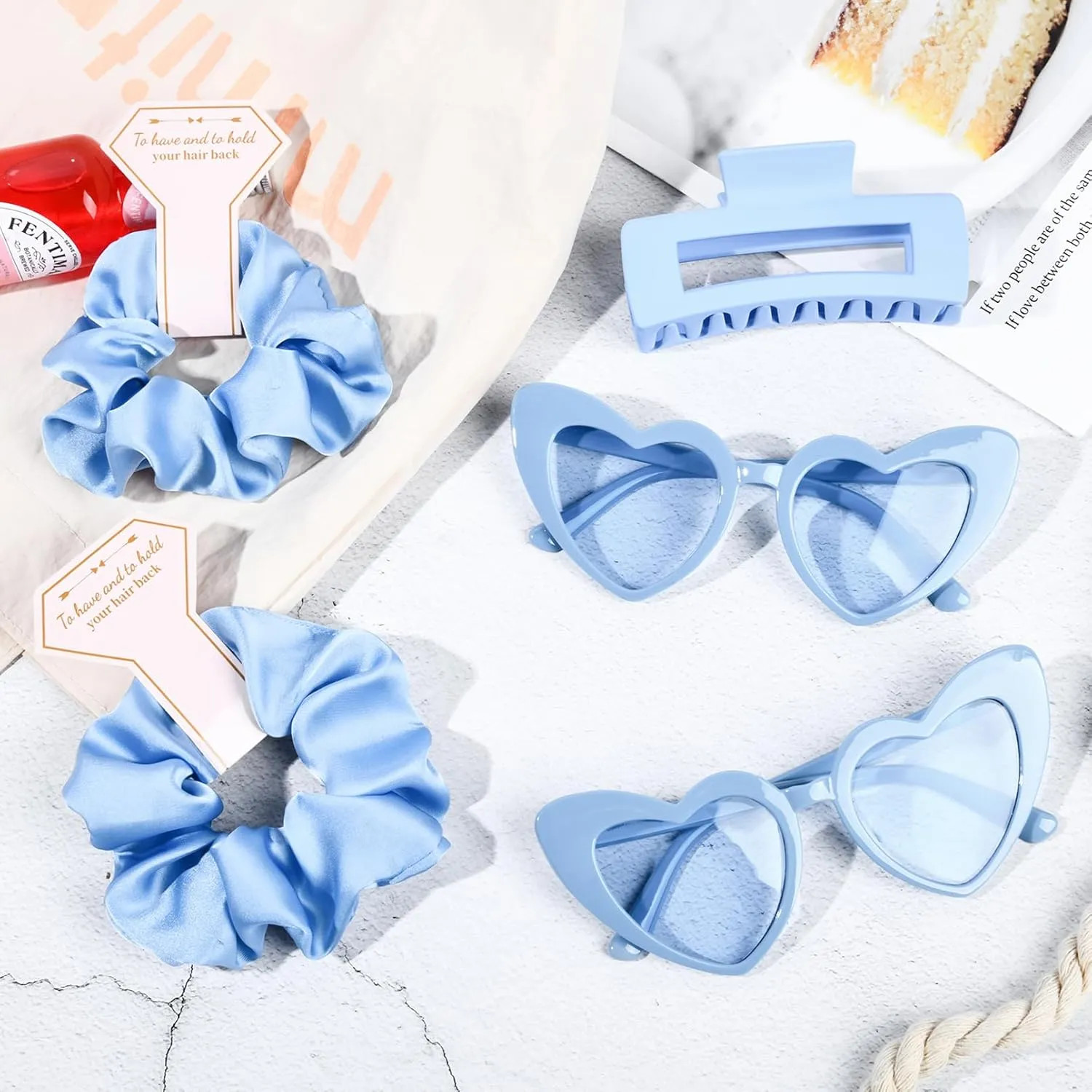 DEEKA 24 Pcs Bachelorette Party Favors Decorations Bridesmaid Proposal Gifts Heart Sunglasses Hair Claw Clips Satin Scrunchies Accessories Set Bridal Party Gifts Wedding Party Gifts (Blue)