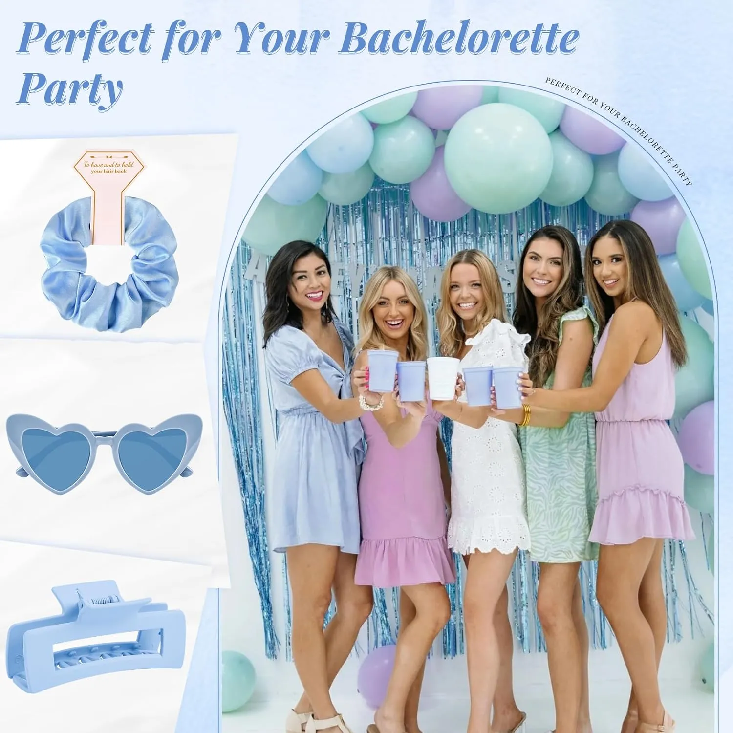 DEEKA 24 Pcs Bachelorette Party Favors Decorations Bridesmaid Proposal Gifts Heart Sunglasses Hair Claw Clips Satin Scrunchies Accessories Set Bridal Party Gifts Wedding Party Gifts (Blue)