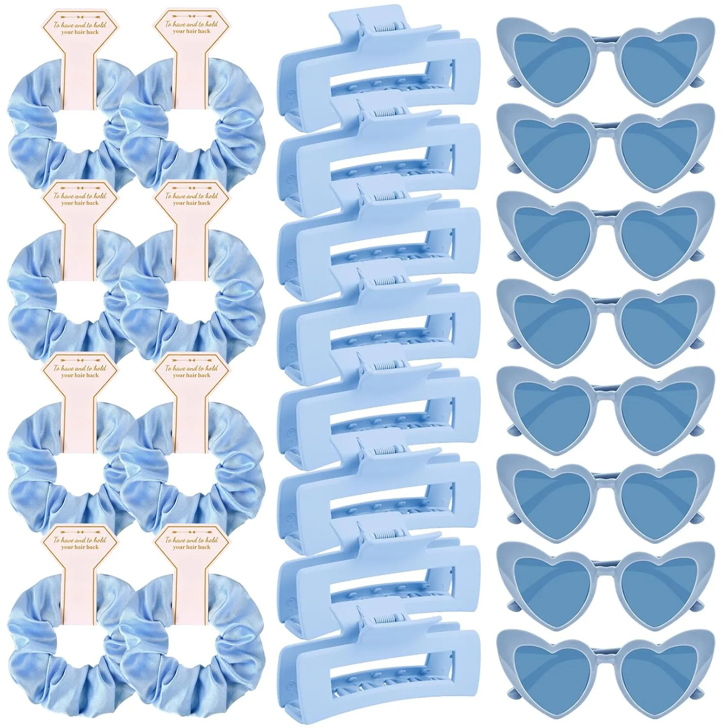 DEEKA 24 Pcs Bachelorette Party Favors Decorations Bridesmaid Proposal Gifts Heart Sunglasses Hair Claw Clips Satin Scrunchies Accessories Set Bridal Party Gifts Wedding Party Gifts (Blue)