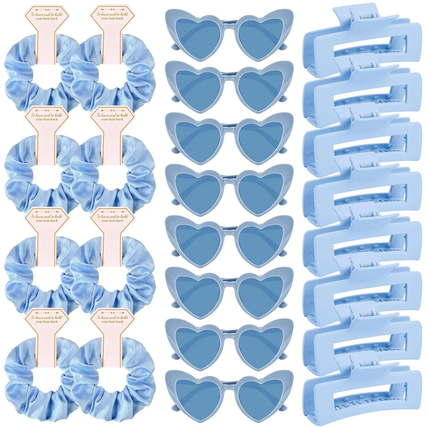 DEEKA 24 Pcs Bachelorette Party Favors Decorations Bridesmaid Proposal Gifts Heart Sunglasses Hair Claw Clips Satin Scrunchies Accessories Set Bridal Party Gifts Wedding Party Gifts (Blue)