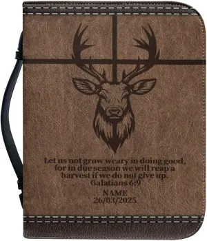 Deer Cross PU Leather Bible Cover for Men Extra Large Size Bible Carrying Case for Boys, Multi-Functional Church Bag with Handle Strap