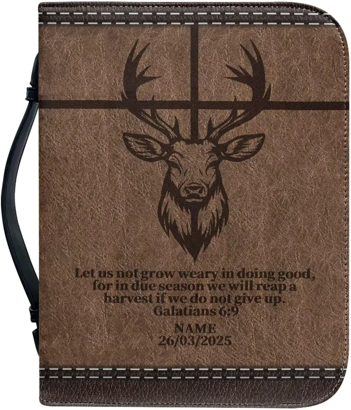Deer Cross PU Leather Bible Cover for Men Extra Large Size Bible Carrying Case for Boys, Multi-Functional Church Bag with Handle Strap
