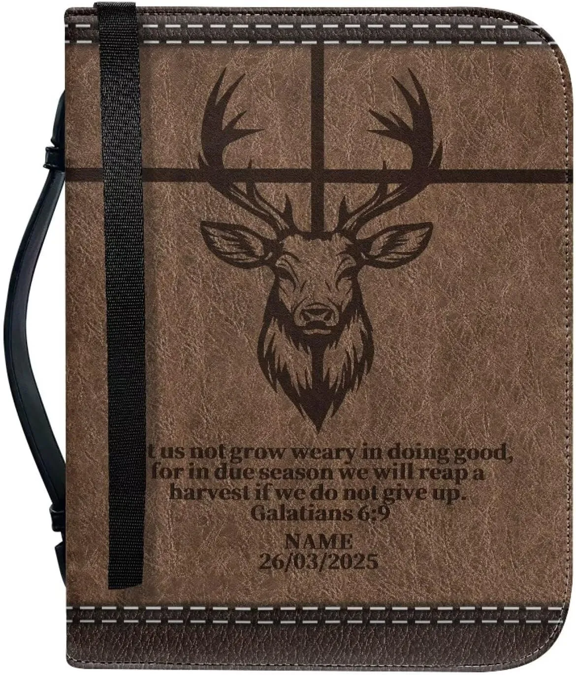 Deer Cross PU Leather Bible Cover for Men Extra Large Size Bible Carrying Case for Boys, Multi-Functional Church Bag with Handle Strap