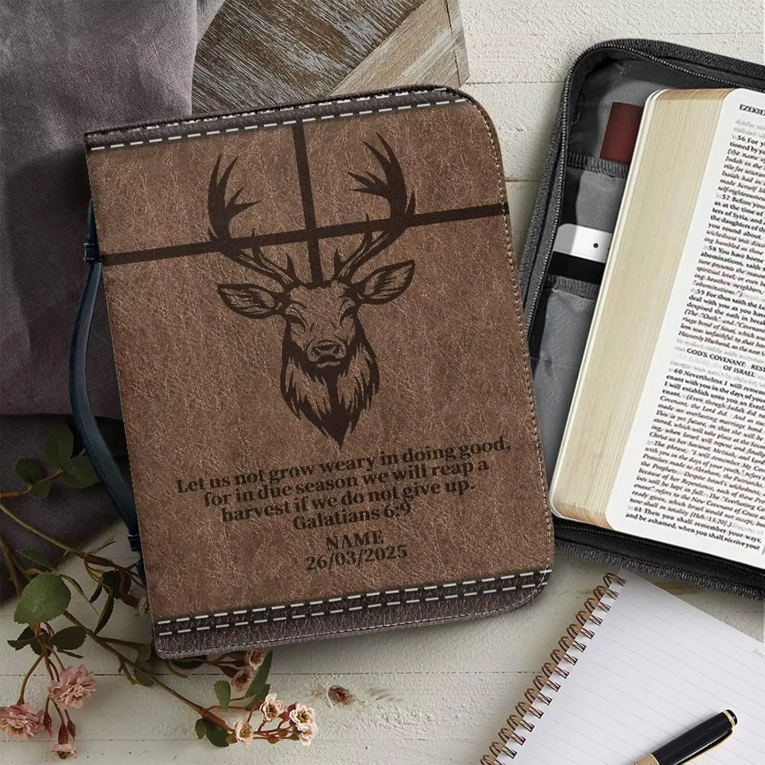 Deer Cross PU Leather Bible Cover for Men Extra Large Size Bible Carrying Case for Boys, Multi-Functional Church Bag with Handle Strap