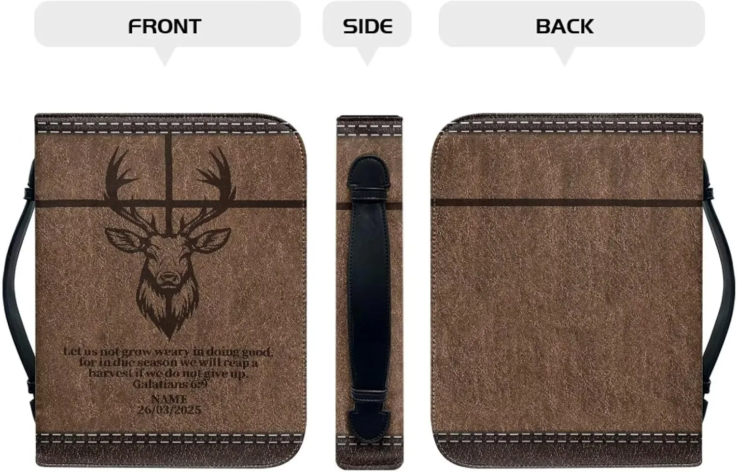 Deer Cross PU Leather Bible Cover for Men Extra Large Size Bible Carrying Case for Boys, Multi-Functional Church Bag with Handle Strap