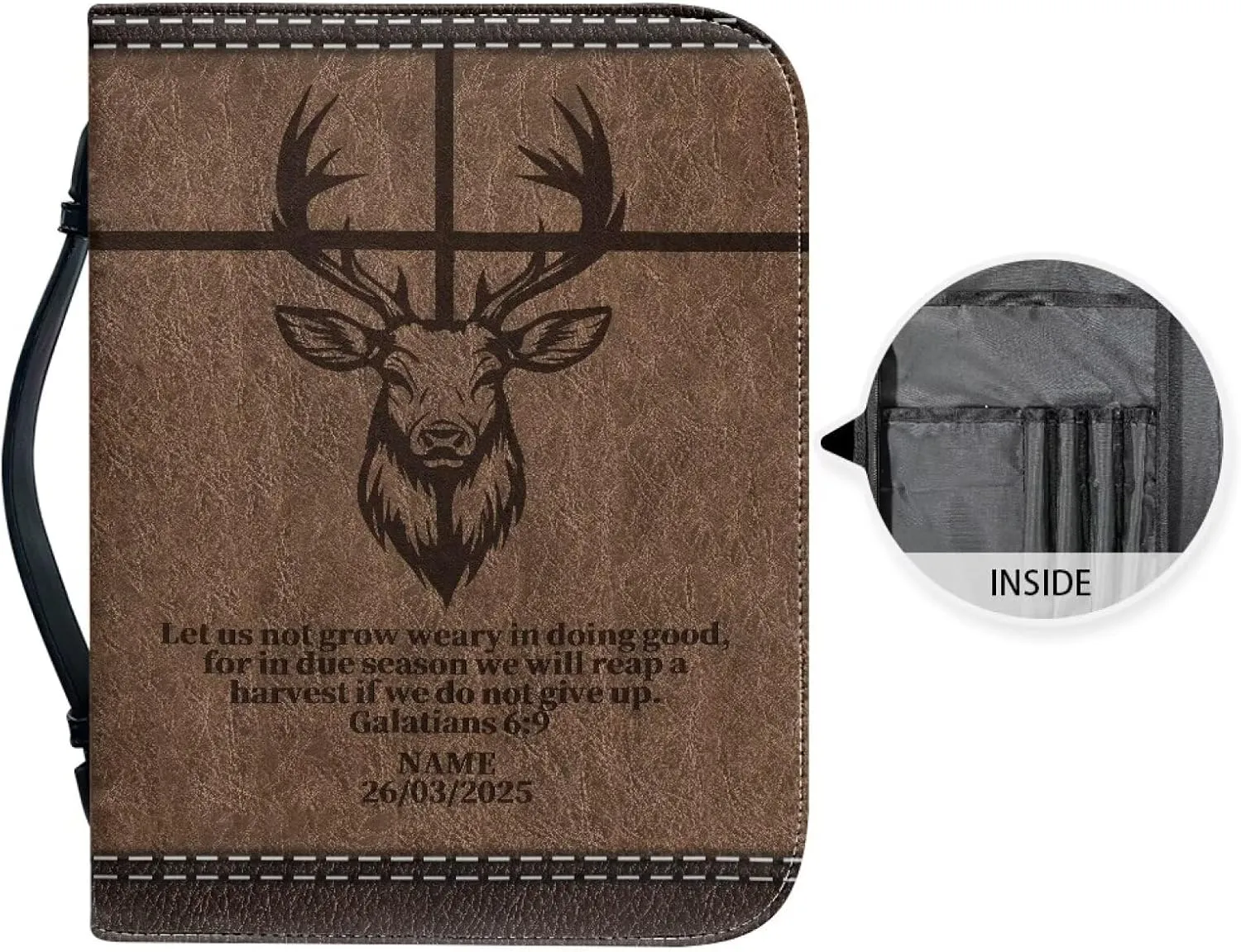 Deer Cross PU Leather Bible Cover for Men Extra Large Size Bible Carrying Case for Boys, Multi-Functional Church Bag with Handle Strap