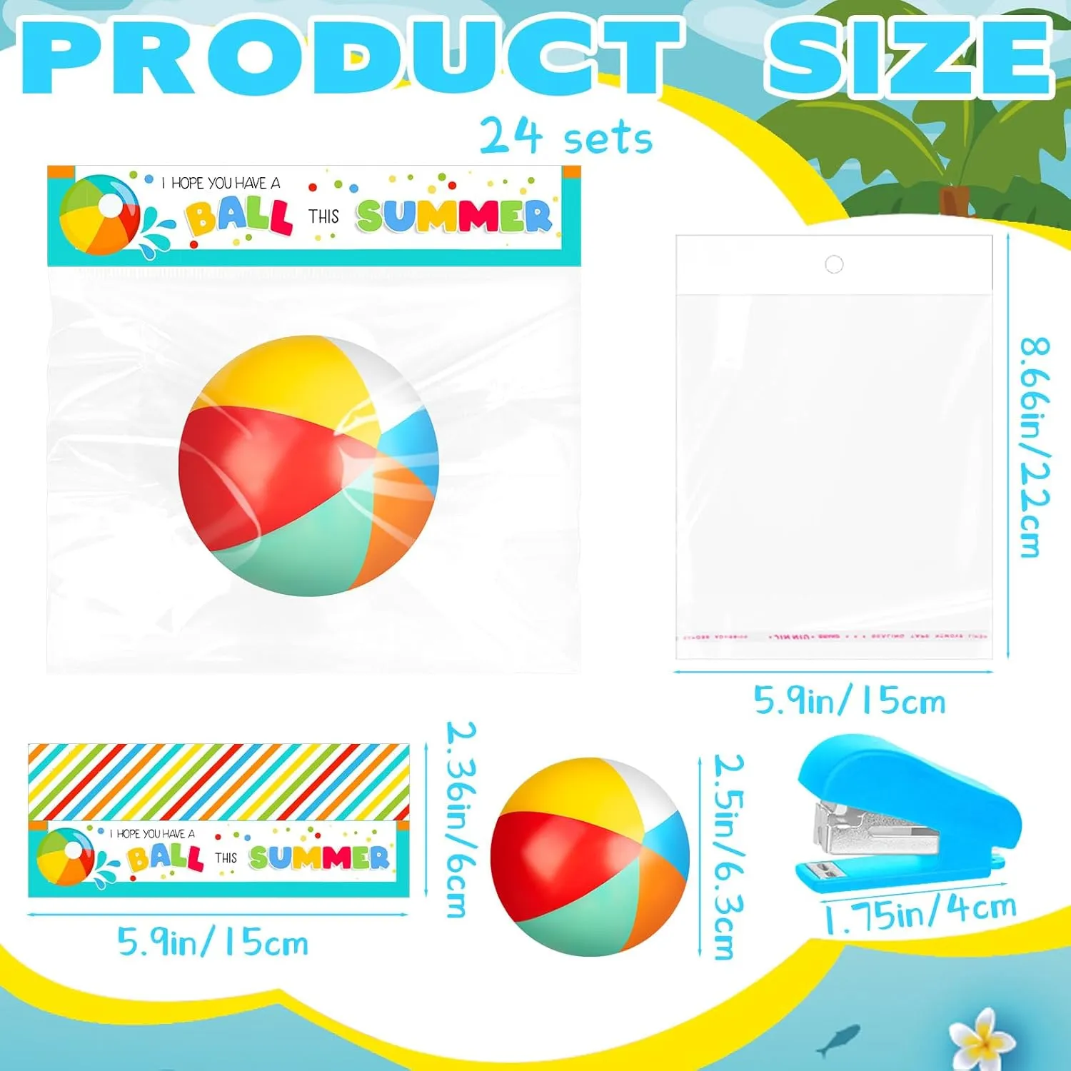 Denylo pro 24 Sets Mini Beach Stress Blue Balls Summer Bulk Gifts with Ball Summer Cards Mini Stapler Plastic Bags for Birthday Beach Hawaiian Party Favors Summer Water Games