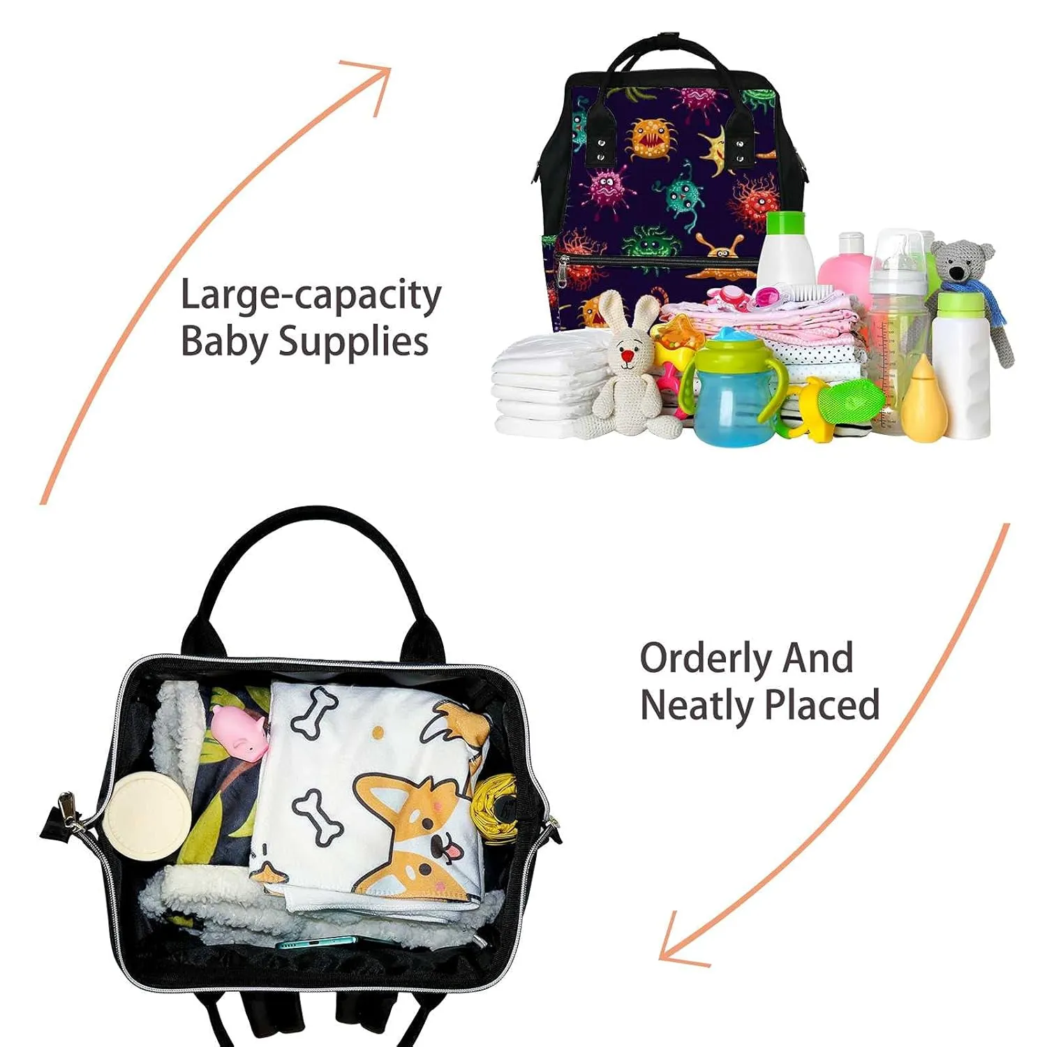 Diaper Bag Mummy Backpack Colorful Monsters or Microbes Multifunction Baby Nappy Bag Large Capacity Nursing Bags Waterproof Travel Backpack