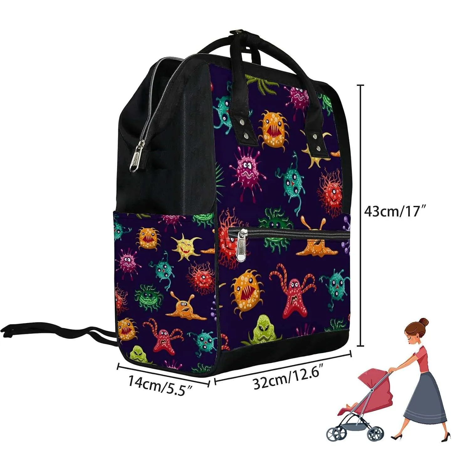 Diaper Bag Mummy Backpack Colorful Monsters or Microbes Multifunction Baby Nappy Bag Large Capacity Nursing Bags Waterproof Travel Backpack