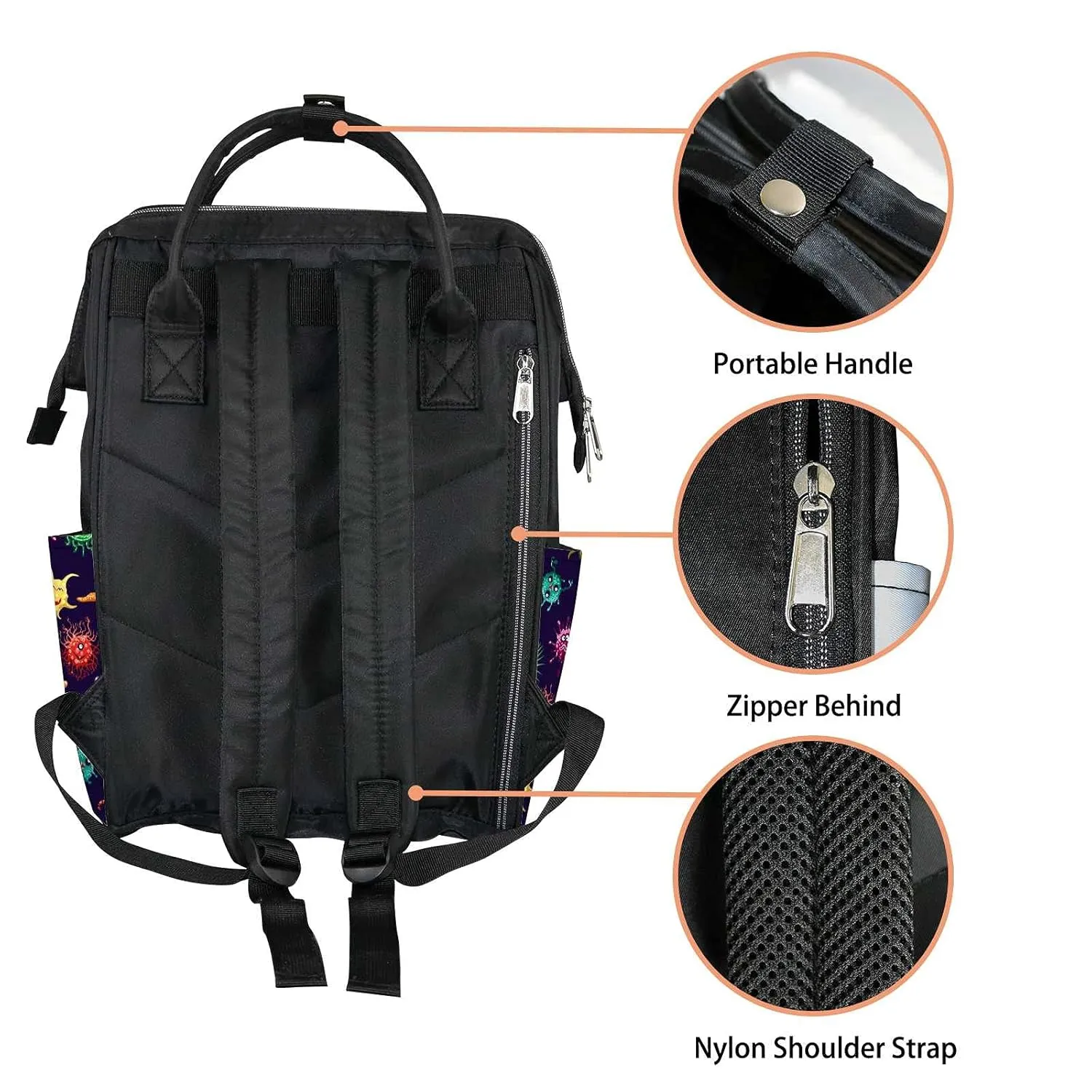 Diaper Bag Mummy Backpack Colorful Monsters or Microbes Multifunction Baby Nappy Bag Large Capacity Nursing Bags Waterproof Travel Backpack