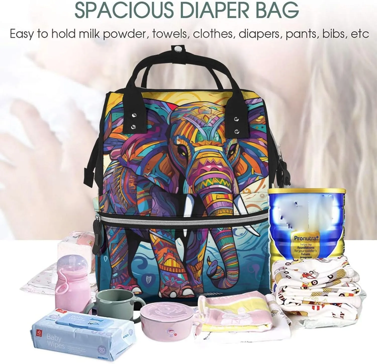 Diaper Bag Nappy Backpack Baby Bag Las Vegas night view Mummy Backpack Multifunction Changing Bags for Travel, Colorful Elephant, One Size