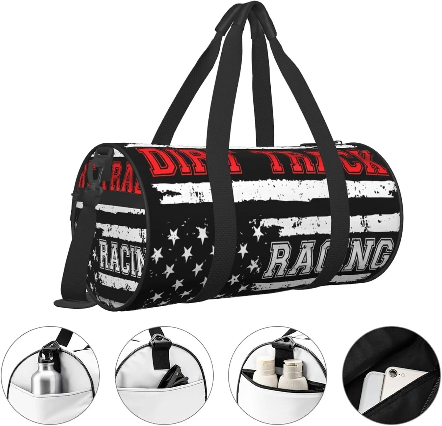 Dirt Track Racing American Flag Round Travel Duffel Bag Large Capacity Gym Sports Bags for Hiking Vacation Trips