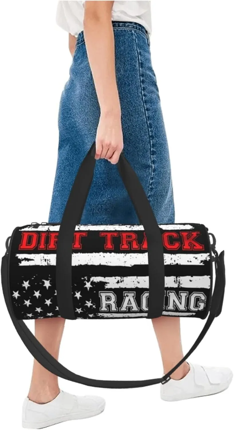 Dirt Track Racing American Flag Round Travel Duffel Bag Large Capacity Gym Sports Bags for Hiking Vacation Trips