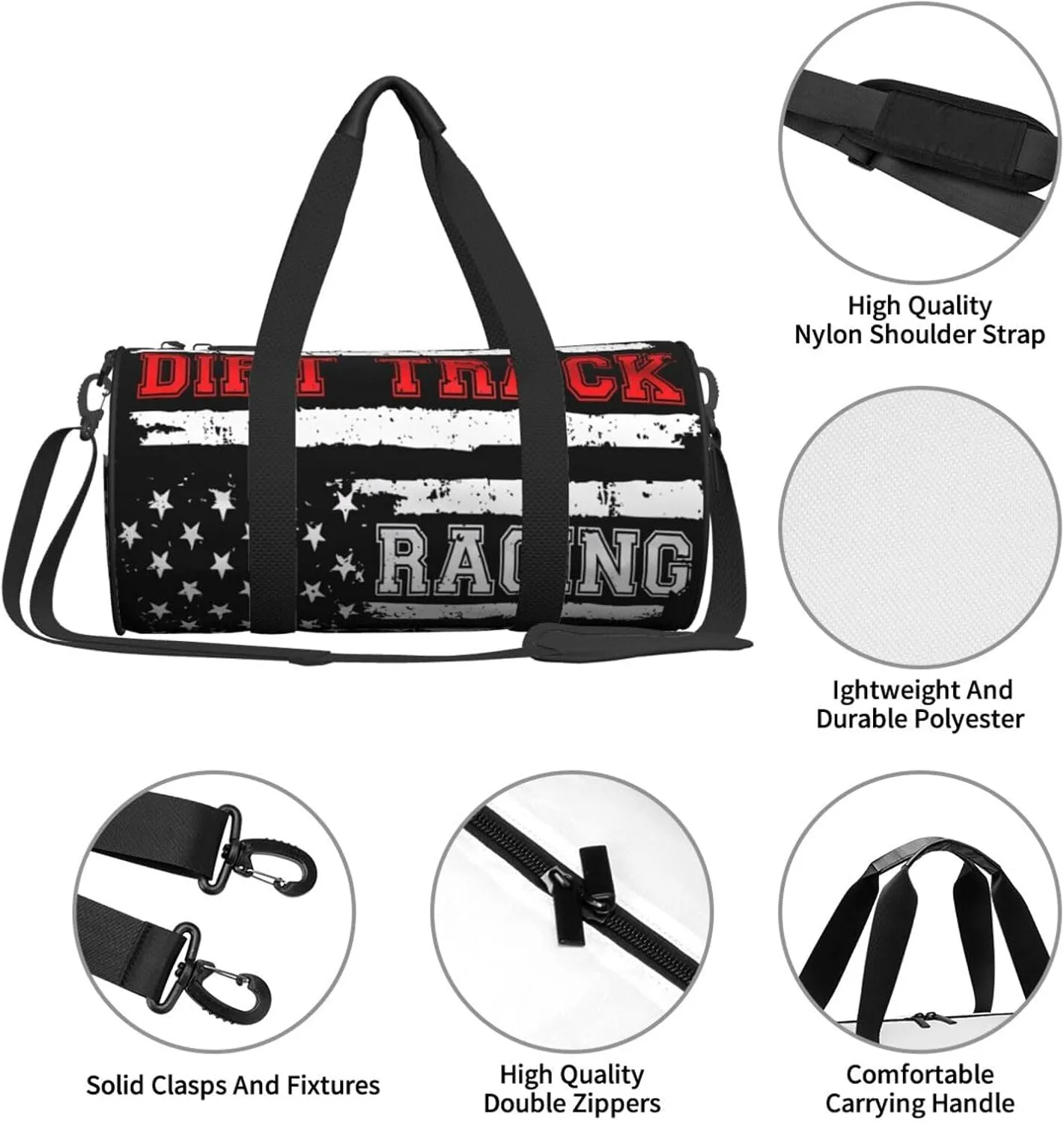 Dirt Track Racing American Flag Round Travel Duffel Bag Large Capacity Gym Sports Bags for Hiking Vacation Trips