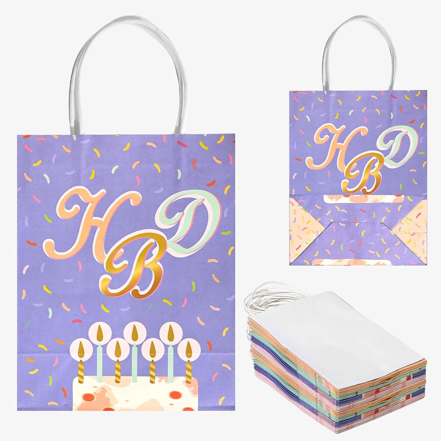 DjinnGlory 36 Pack Medium Sized Happy Birthday Paper Gift Bags with White Tissue Paper for Birthday Party Favors Goodies, 10x8x4 Inch (Pastel Peach, Mint Green, Pink, Purple)