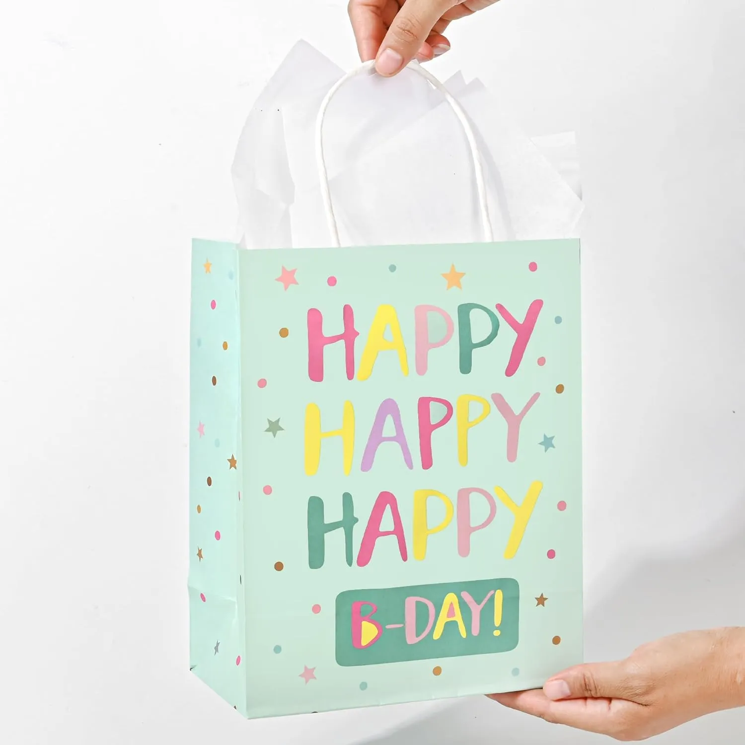 DjinnGlory 36 Pack Medium Sized Happy Birthday Paper Gift Bags with White Tissue Paper for Birthday Party Favors Goodies, 10x8x4 Inch (Pastel Peach, Mint Green, Pink, Purple)