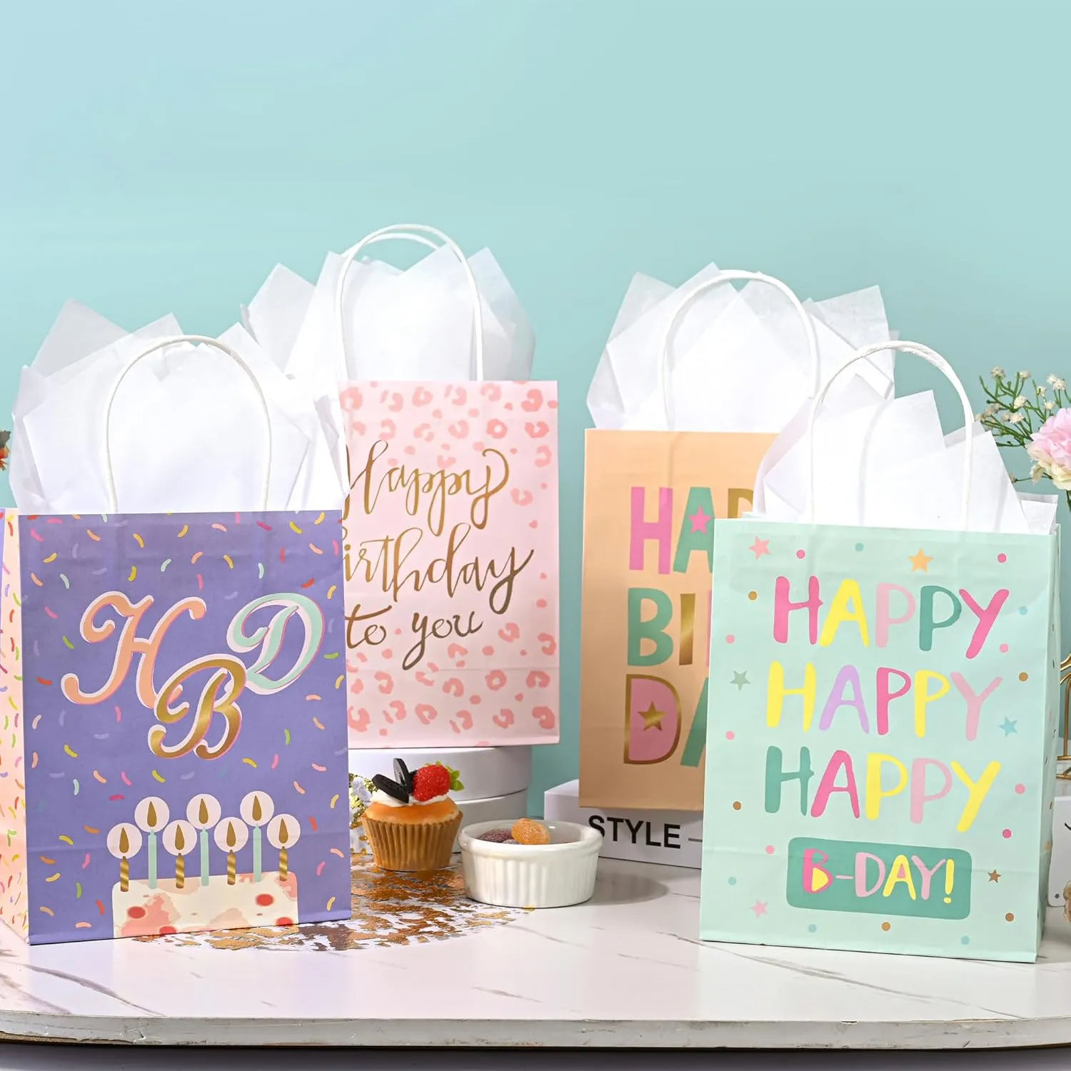 DjinnGlory 36 Pack Medium Sized Happy Birthday Paper Gift Bags with White Tissue Paper for Birthday Party Favors Goodies, 10x8x4 Inch (Pastel Peach, Mint Green, Pink, Purple)