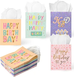 DjinnGlory 36 Pack Medium Sized Happy Birthday Paper Gift Bags with White Tissue Paper for Birthday Party Favors Goodies, 10x8x4 Inch (Pastel Peach, Mint Green, Pink, Purple)