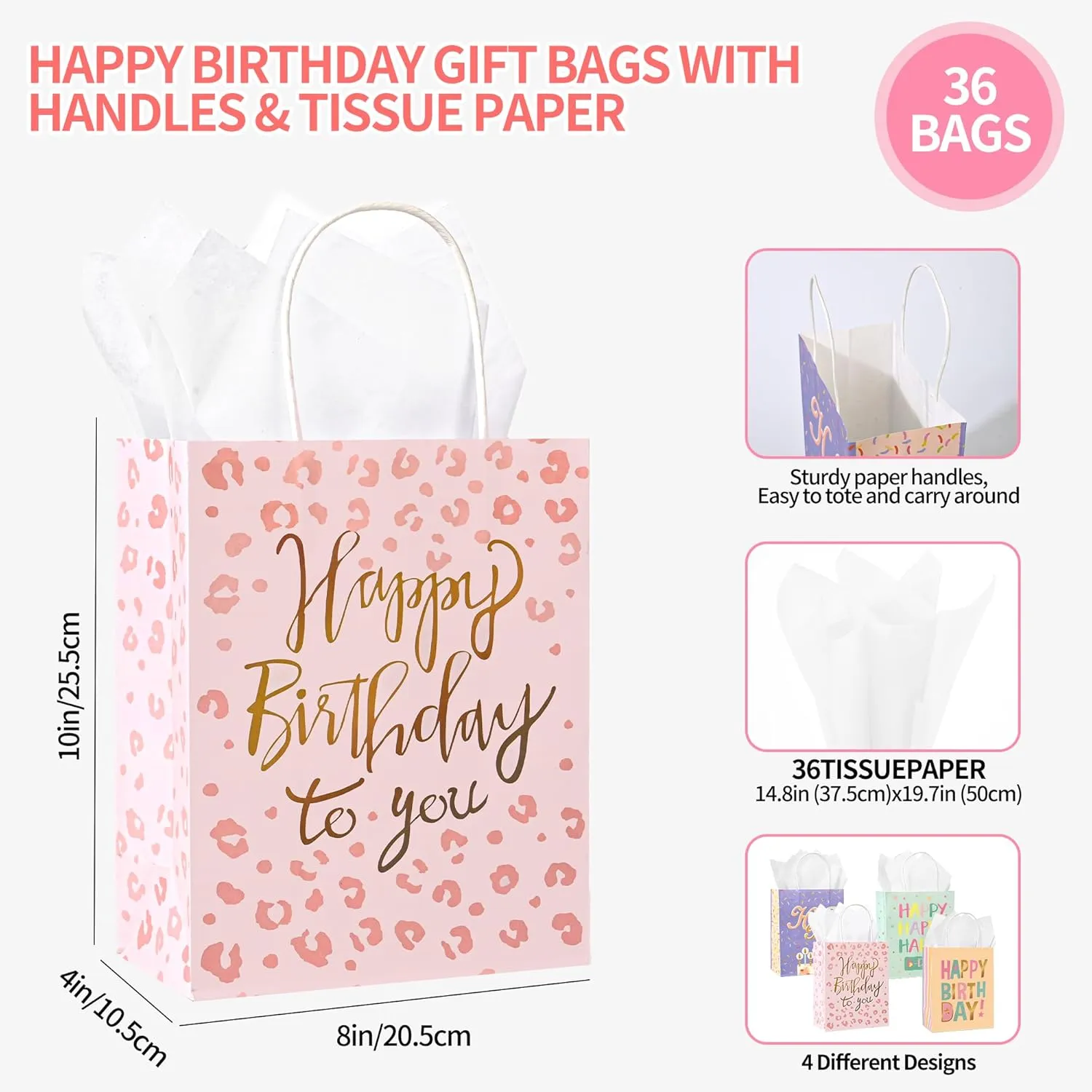 DjinnGlory 36 Pack Medium Sized Happy Birthday Paper Gift Bags with White Tissue Paper for Birthday Party Favors Goodies, 10x8x4 Inch (Pastel Peach, Mint Green, Pink, Purple)