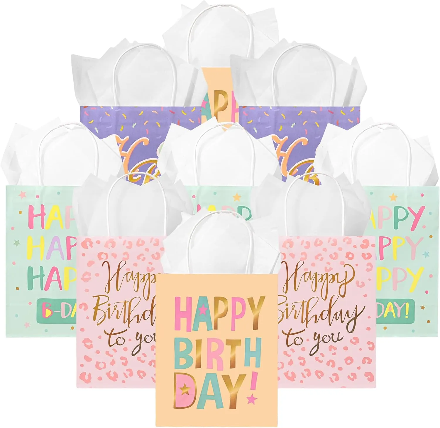 DjinnGlory 36 Pack Medium Sized Happy Birthday Paper Gift Bags with White Tissue Paper for Birthday Party Favors Goodies, 10x8x4 Inch (Pastel Peach, Mint Green, Pink, Purple)