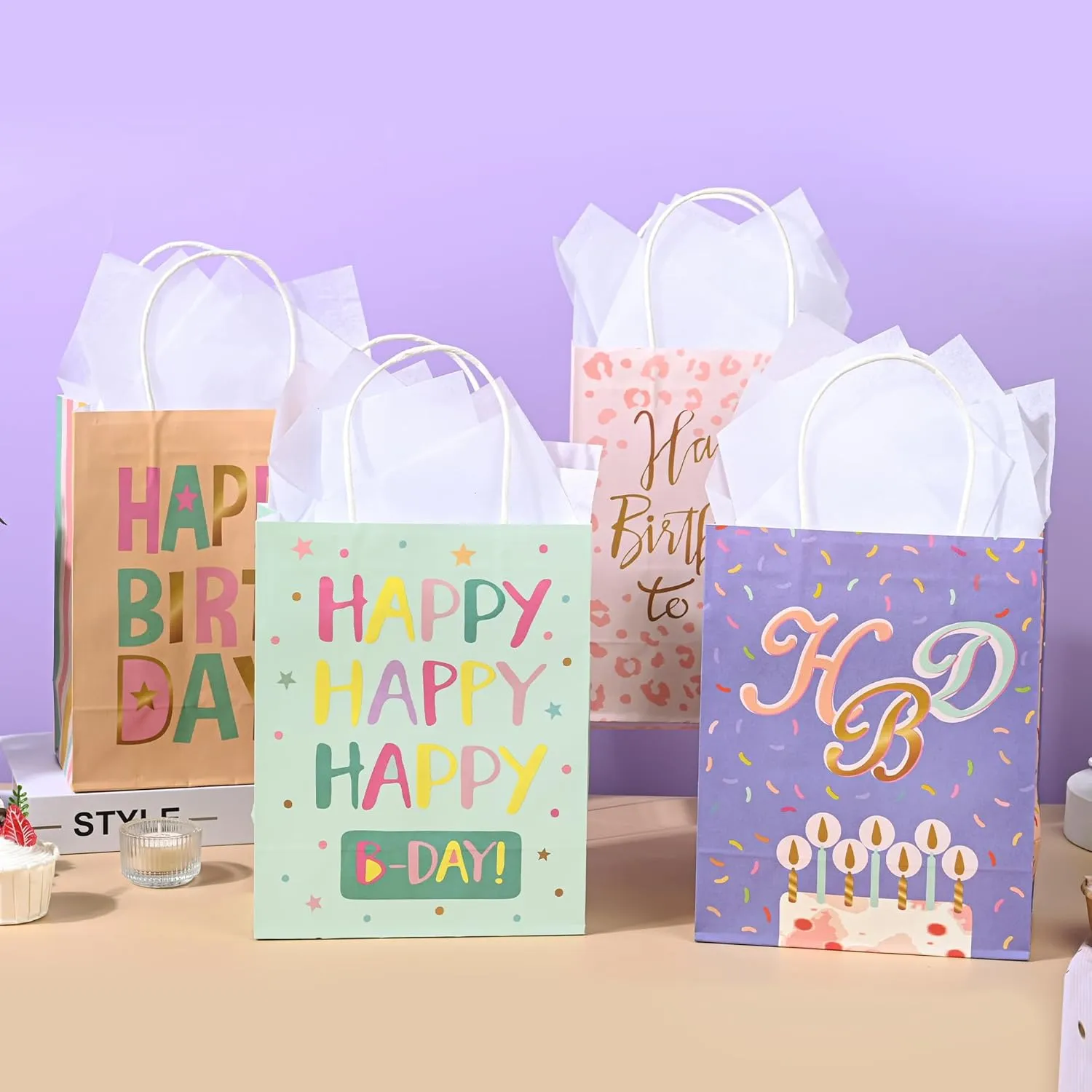 DjinnGlory 36 Pack Medium Sized Happy Birthday Paper Gift Bags with White Tissue Paper for Birthday Party Favors Goodies, 10x8x4 Inch (Pastel Peach, Mint Green, Pink, Purple)