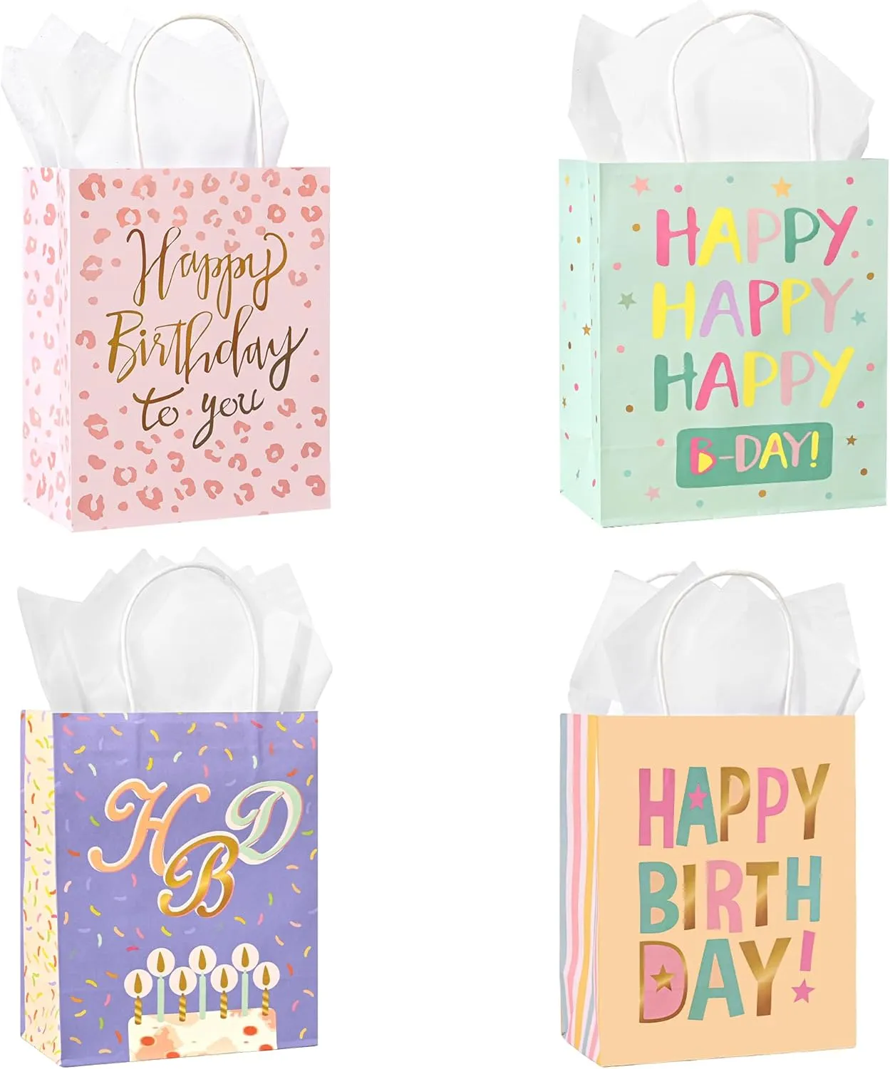 DjinnGlory 36 Pack Medium Sized Happy Birthday Paper Gift Bags with White Tissue Paper for Birthday Party Favors Goodies, 10x8x4 Inch (Pastel Peach, Mint Green, Pink, Purple)