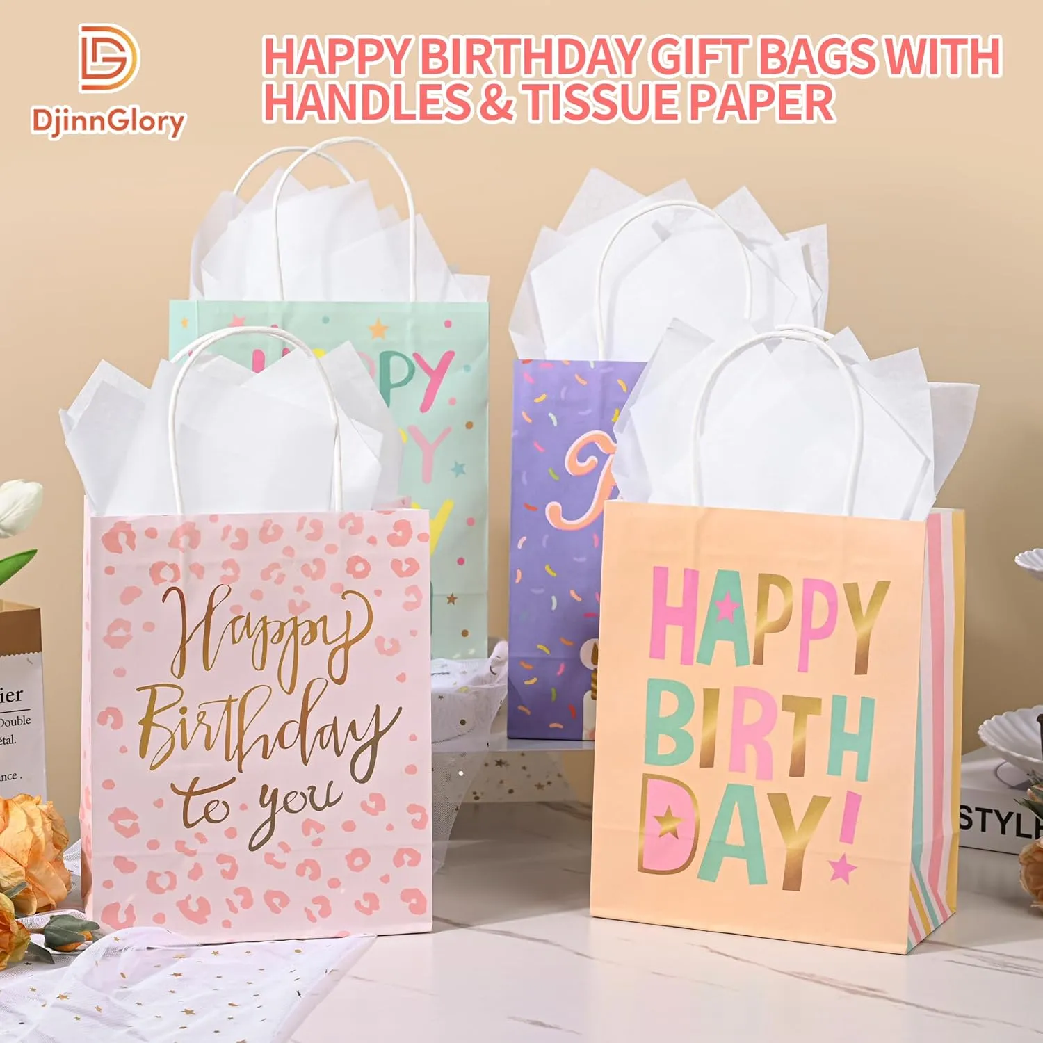DjinnGlory 36 Pack Medium Sized Happy Birthday Paper Gift Bags with White Tissue Paper for Birthday Party Favors Goodies, 10x8x4 Inch (Pastel Peach, Mint Green, Pink, Purple)