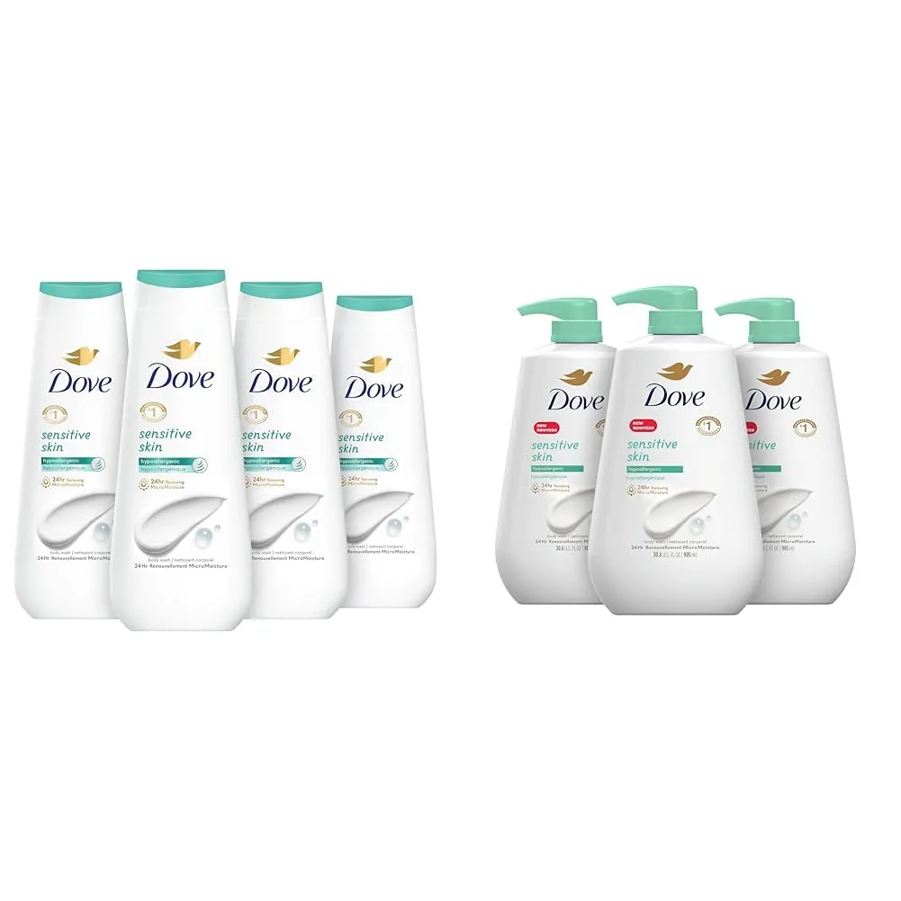 Dove Sensitive Skin Body Wash Hypoallergenic 4 Count 20 oz and 3 Count 30.6 fl oz Bundles