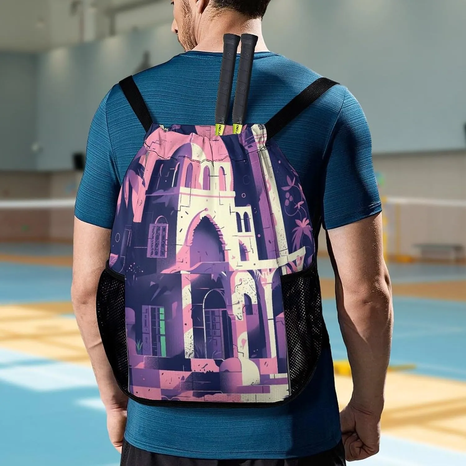 Drawstring Backpack for Traditional Architecture Gym Sports Drawstring Bag Swim String Bag with Side Pocket