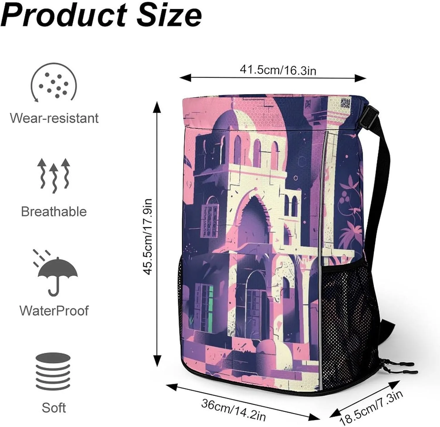 Drawstring Backpack for Traditional Architecture Gym Sports Drawstring Bag Swim String Bag with Side Pocket