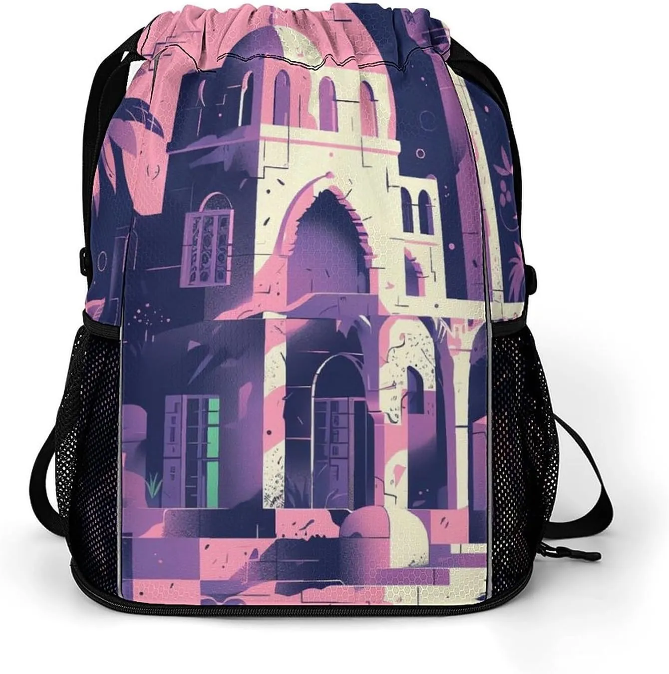 Drawstring Backpack for Traditional Architecture Gym Sports Drawstring Bag Swim String Bag with Side Pocket