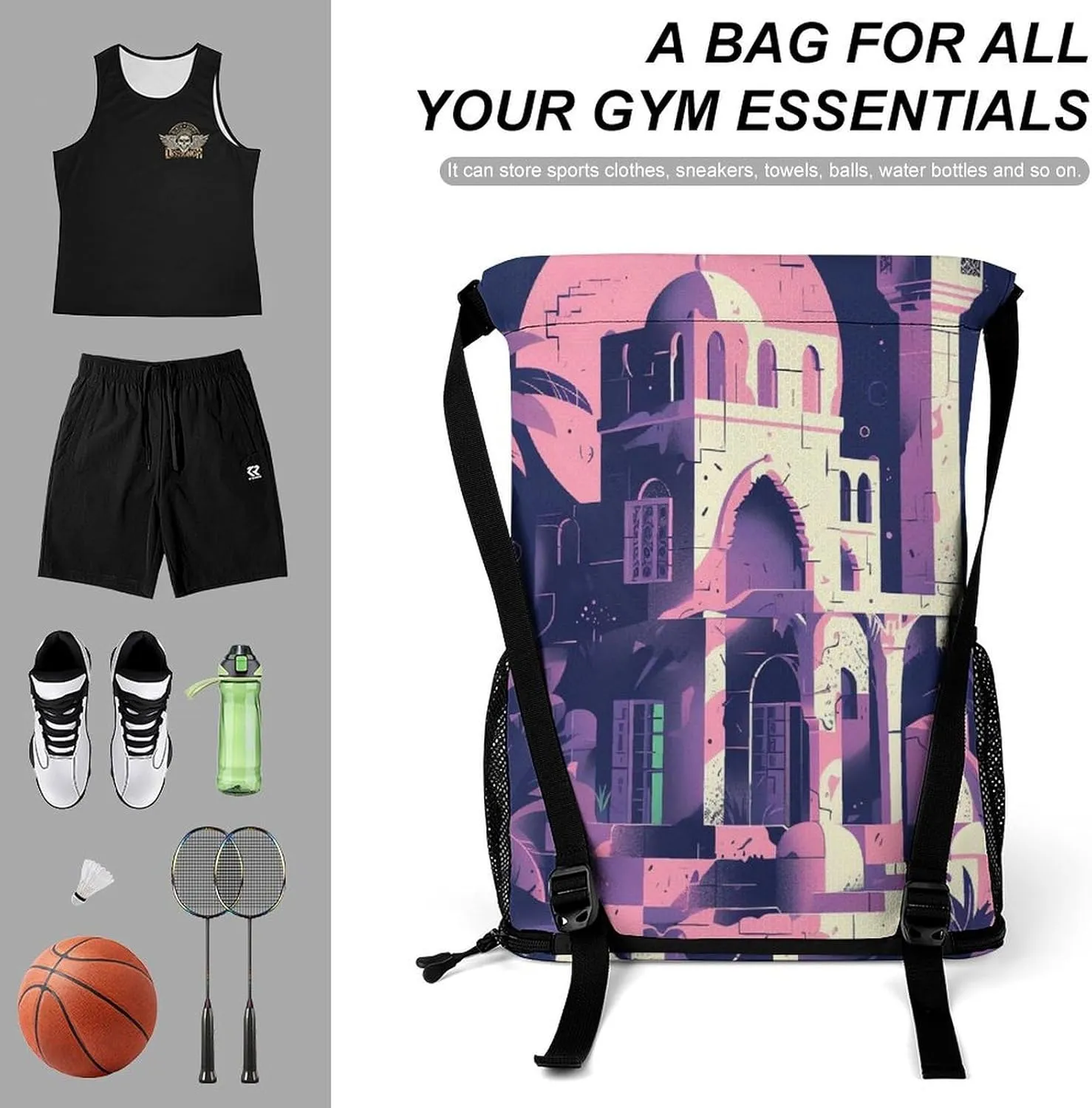 Drawstring Backpack for Traditional Architecture Gym Sports Drawstring Bag Swim String Bag with Side Pocket