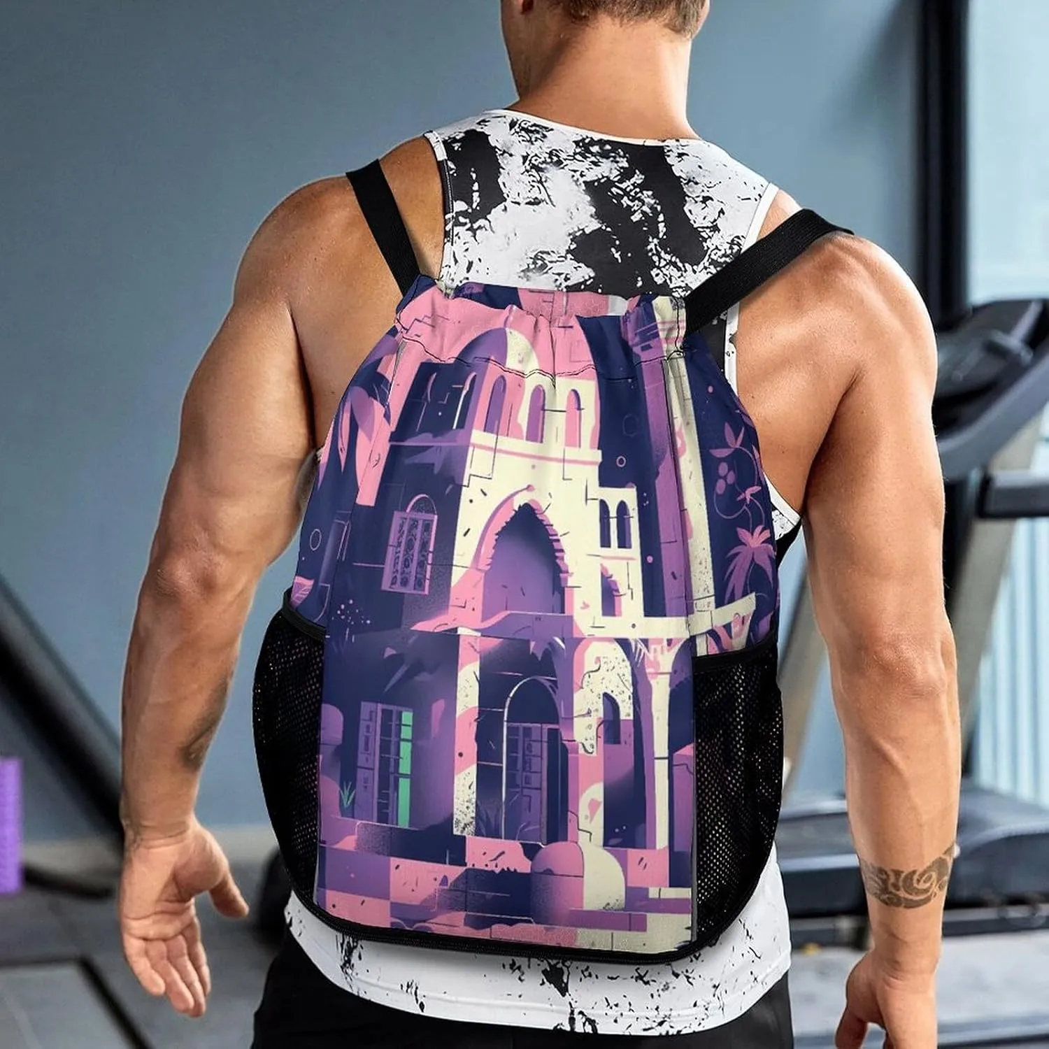 Drawstring Backpack for Traditional Architecture Gym Sports Drawstring Bag Swim String Bag with Side Pocket