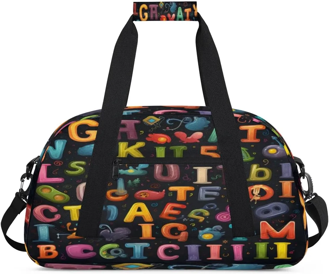 Education Letters Kids Duffle Bags for Boys Girls, Colorful Alphabets Sport Gym Bag Waterproof Travel Overnight Weekender Bag Teen Dance Gymnastics Sleepover Bag