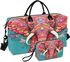 Elephant Colorful Backdrop Blue Travel Duffel Bag with Toiletry Bag Weekender Bag for Carry on Sports Gym Bag for Yoga Sports Gym