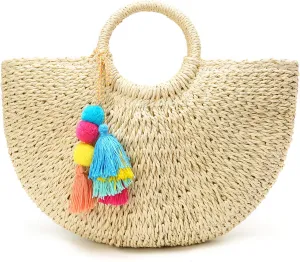 Epsion Womens Large Straw Beach Tote Bag Hobo Summer Handwoven Bags Purse wth Pom Poms