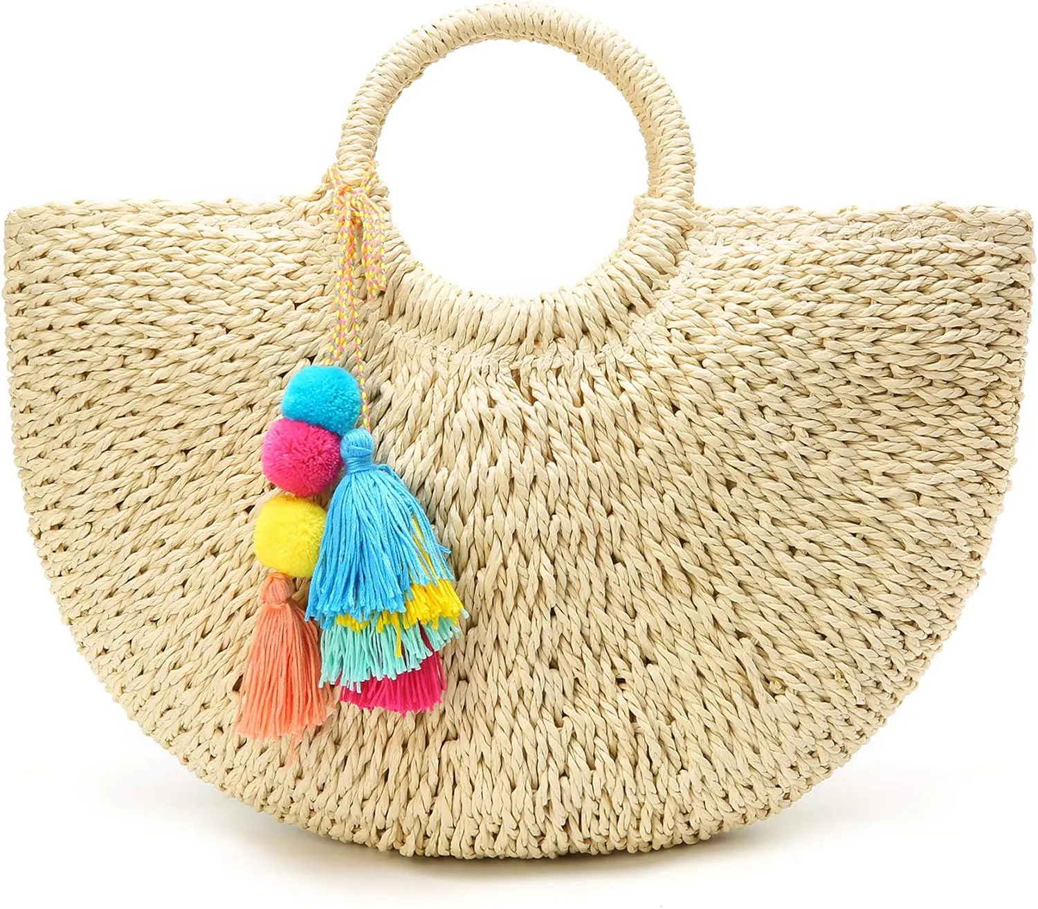 Epsion Womens Large Straw Beach Tote Bag Hobo Summer Handwoven Bags Purse wth Pom Poms