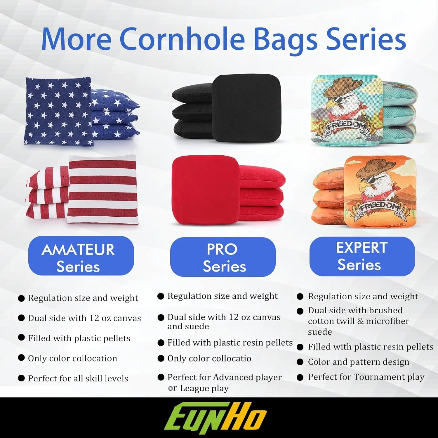 EunHo Dual Sided Cornhole Bags Regulation Set of 8 Professional Cornhole Bean Bags Slick and Stick for Tossing Game-All Weather