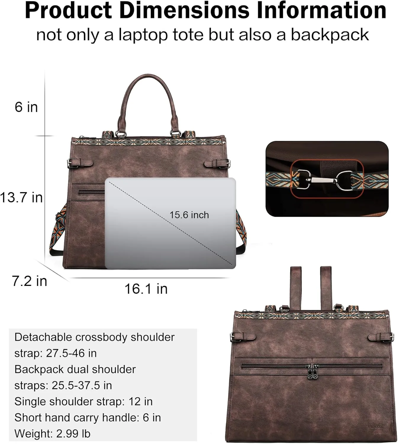 FADEON Laptop Bag for Women Designer PU Leather Large Tote Bags Packpack Purses with 15.6 Laptop Compartment Shoulder Handbag