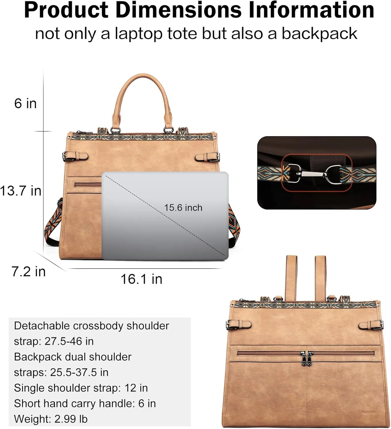 FADEON Laptop Bag for Women Designer PU Leather Large Tote Bags Packpack Purses with 15.6 Laptop Compartment Shoulder Handbag