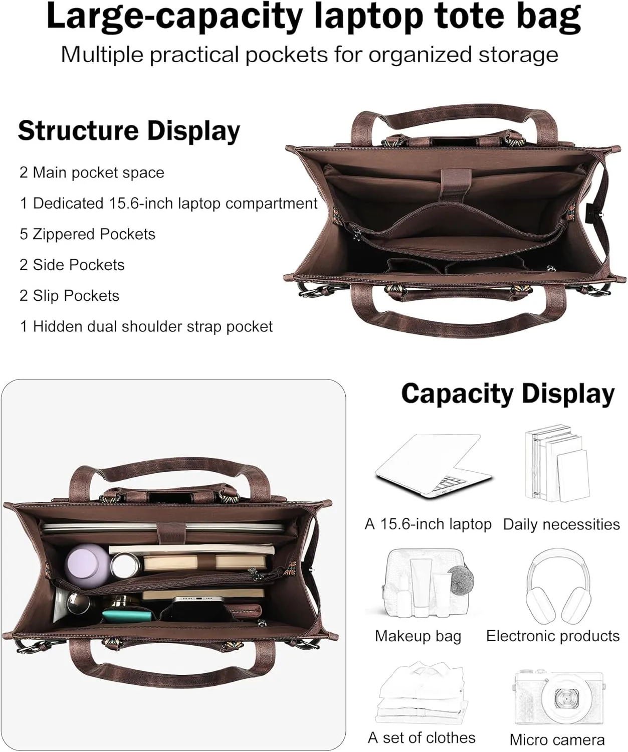 FADEON Laptop Bag for Women Designer PU Leather Large Tote Bags Packpack Purses with 15.6 Laptop Compartment Shoulder Handbag