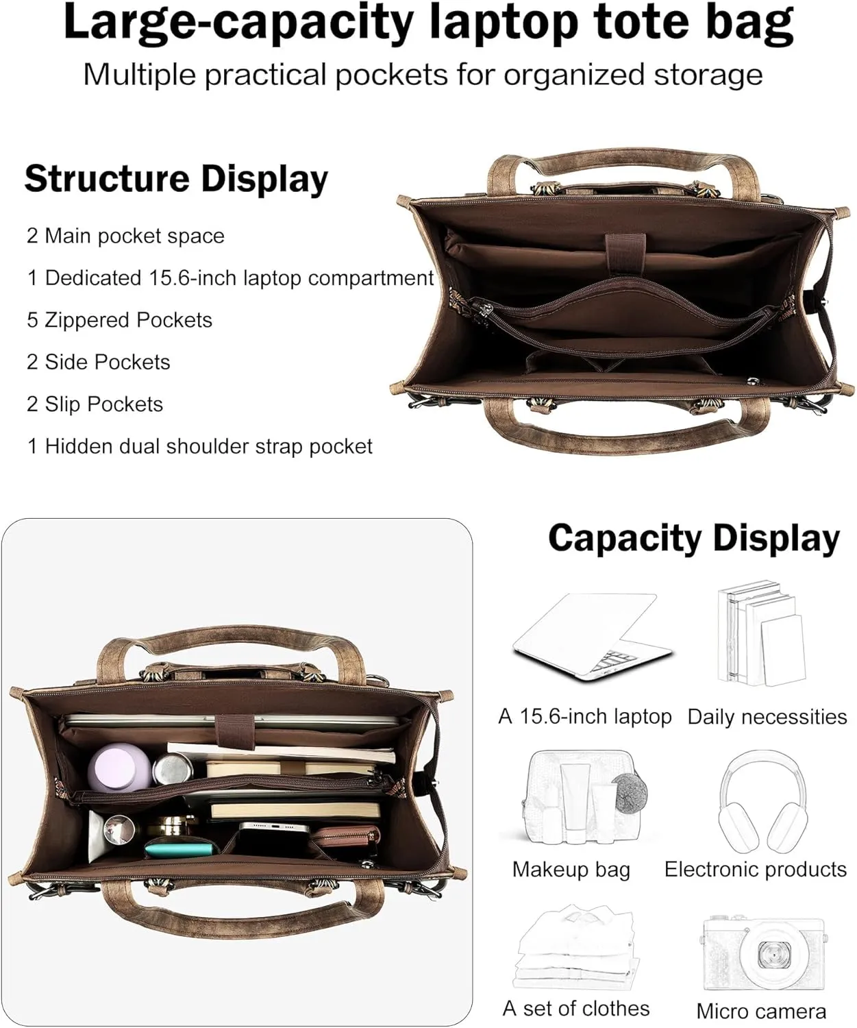 FADEON Laptop Bag for Women Designer PU Leather Large Tote Bags Packpack Purses with 15.6 Laptop Compartment Shoulder Handbag