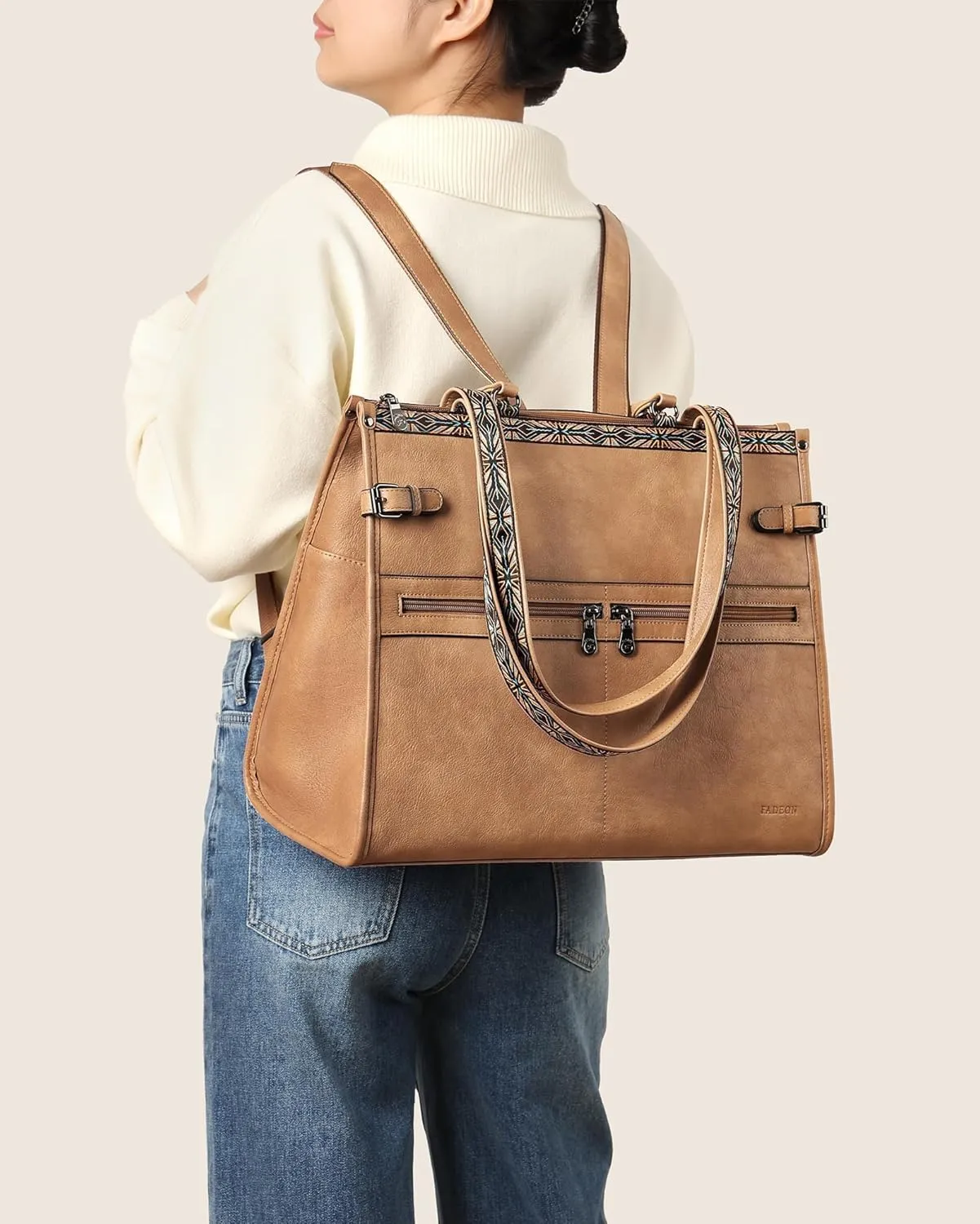 FADEON Laptop Bag for Women Designer PU Leather Large Tote Bags Packpack Purses with 15.6 Laptop Compartment Shoulder Handbag