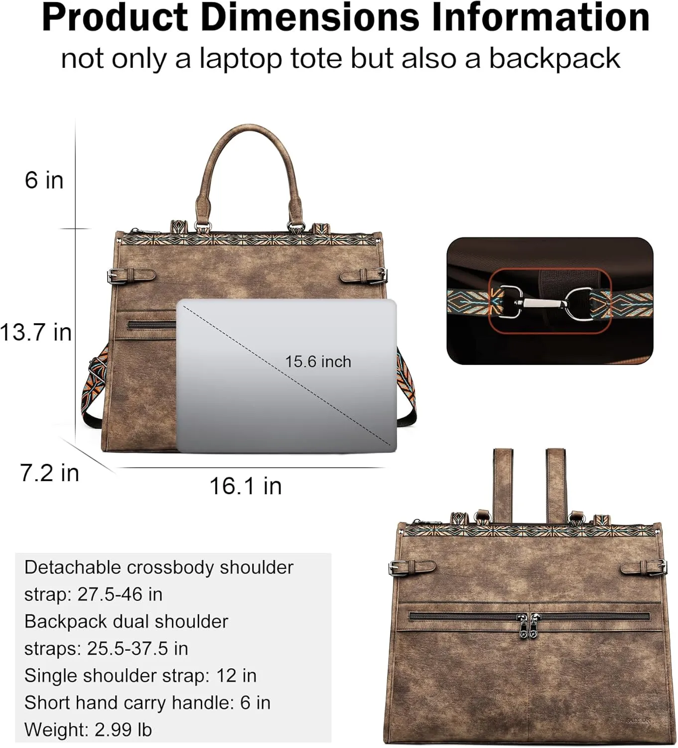 FADEON Laptop Bag for Women Designer PU Leather Large Tote Bags Packpack Purses with 15.6 Laptop Compartment Shoulder Handbag