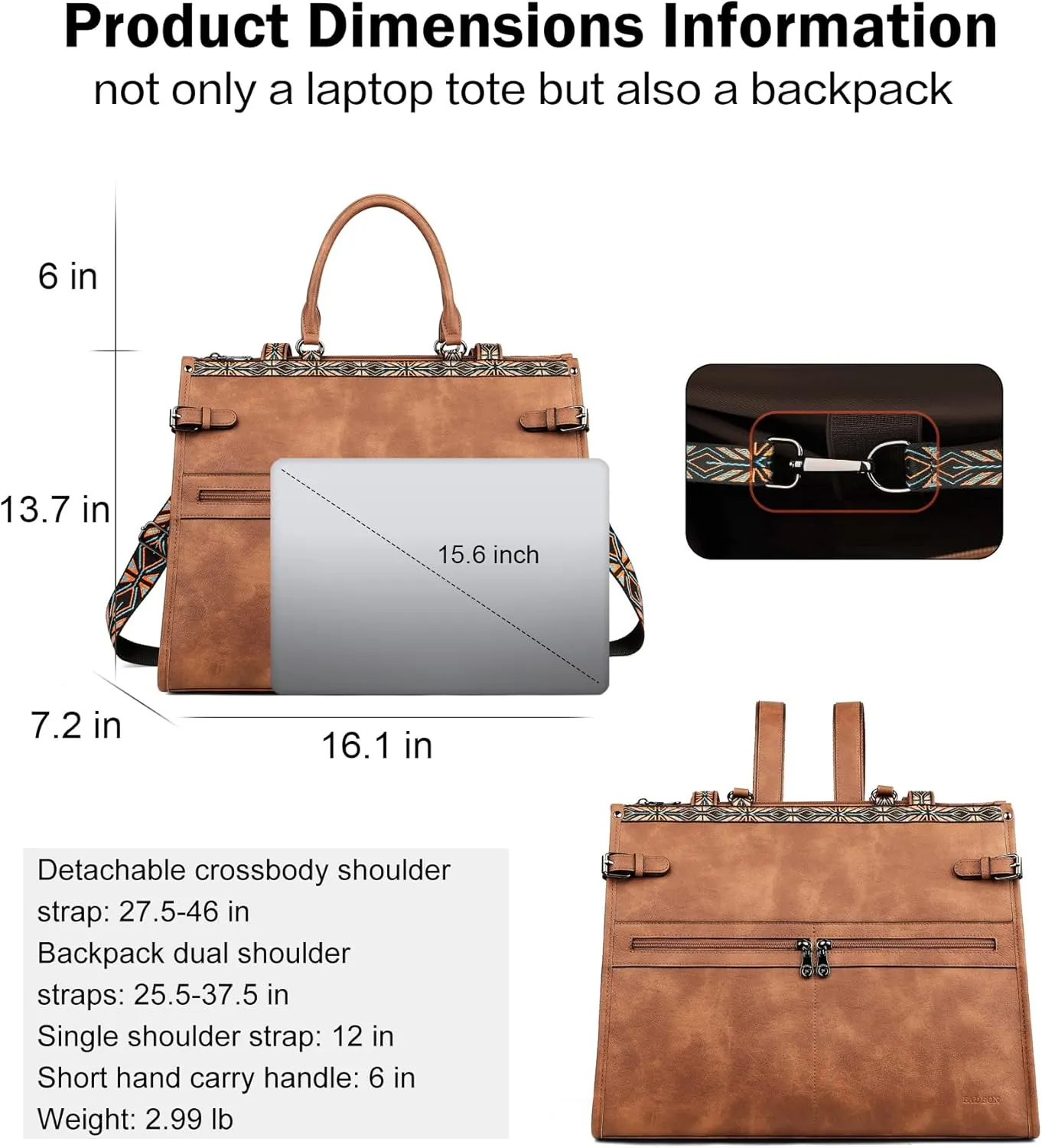 FADEON Laptop Bag for Women Designer PU Leather Large Tote Bags Packpack Purses with 15.6 Laptop Compartment Shoulder Handbag