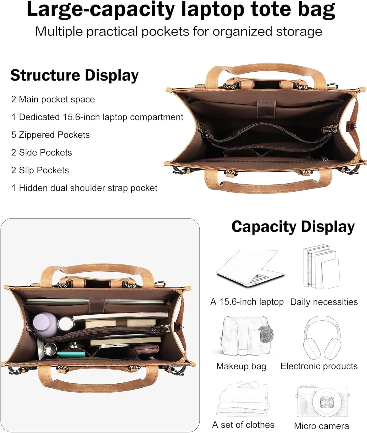 FADEON Laptop Bag for Women Designer PU Leather Large Tote Bags Packpack Purses with 15.6 Laptop Compartment Shoulder Handbag